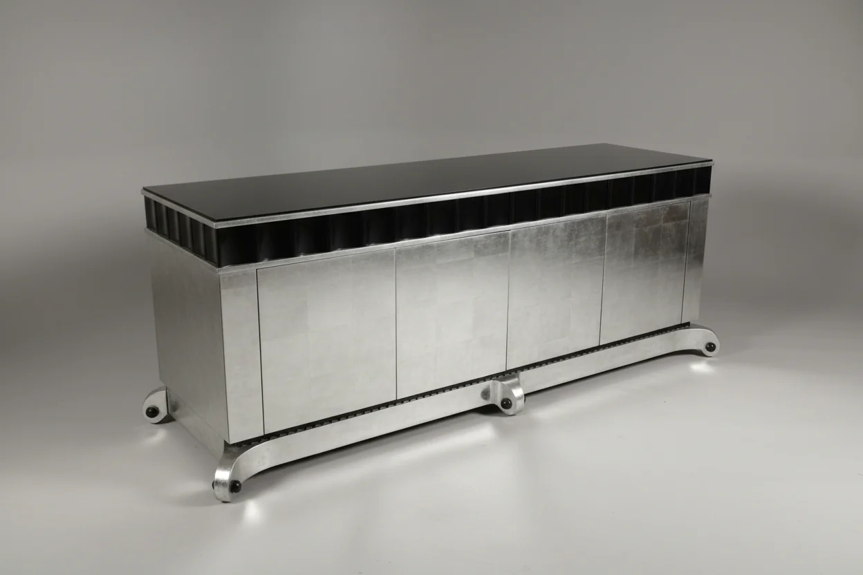 Black And Silver Art Deco Credenza With Four Doors