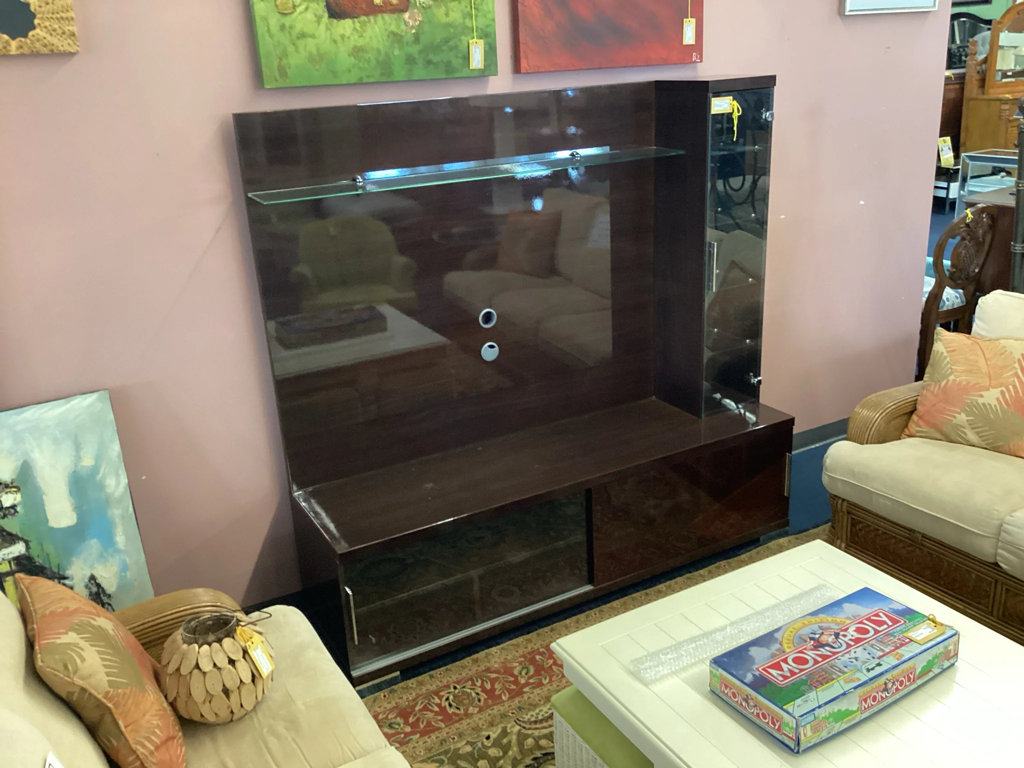 Brown Lacquer And Glass Wall Unit - Image 2