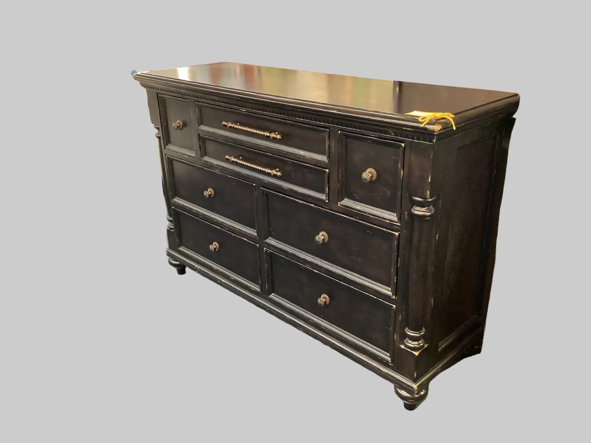 Dark Wood Dresser With Nine Drawers And Mirror