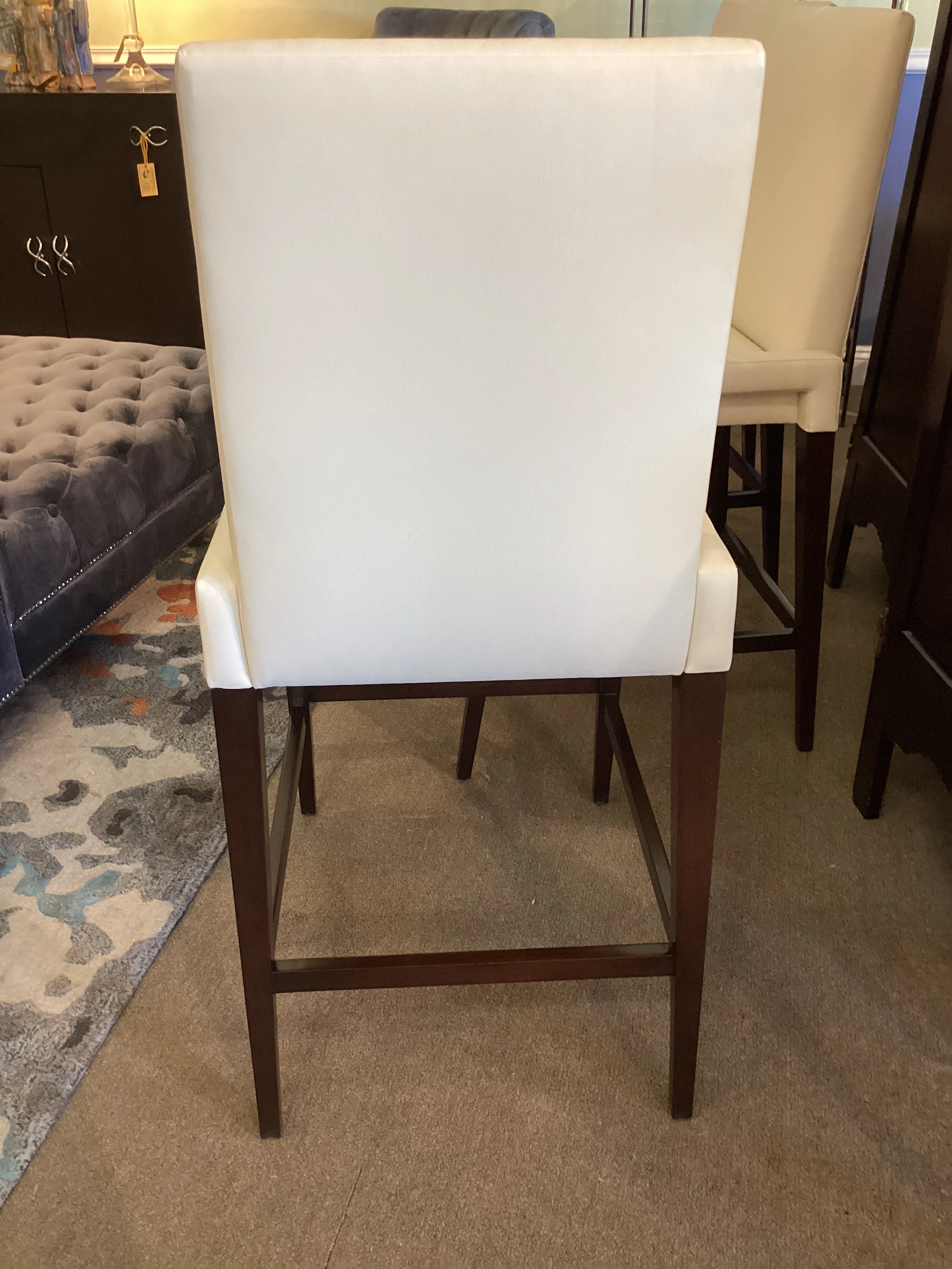 Pair Cream Leather Barstools Wood Leg - Image 3