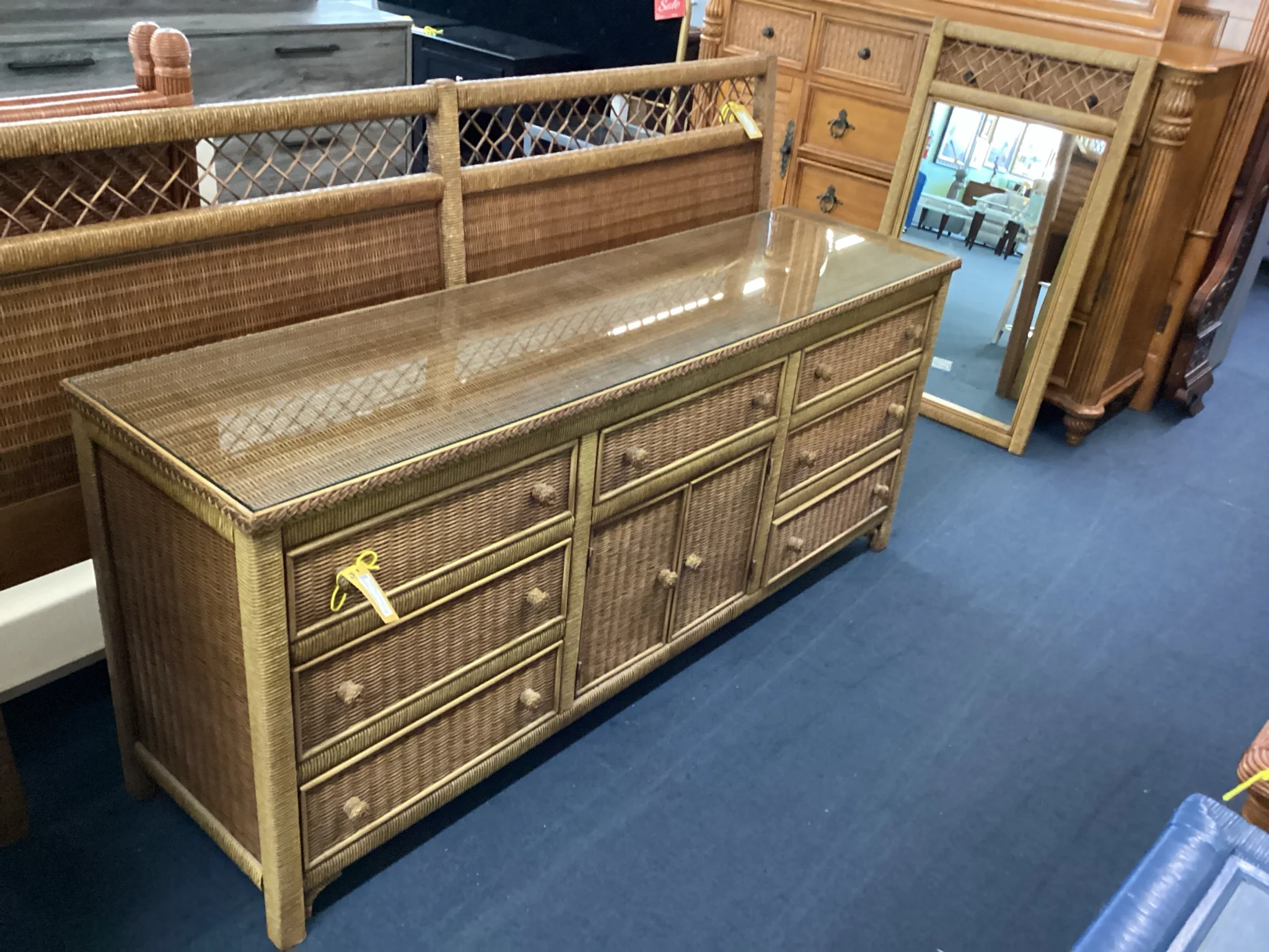 Seven Drawer Rattan Dresser With Glass Top And Mirror - Image 2